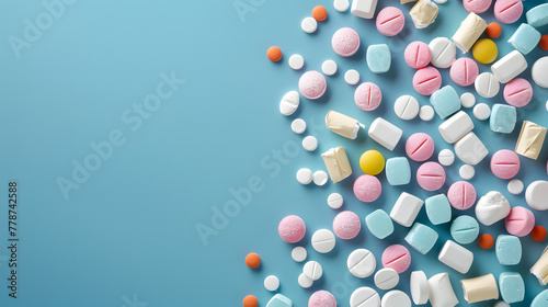 Colorful pills and marshmallows on a blue background with copy space for text. Shared focus