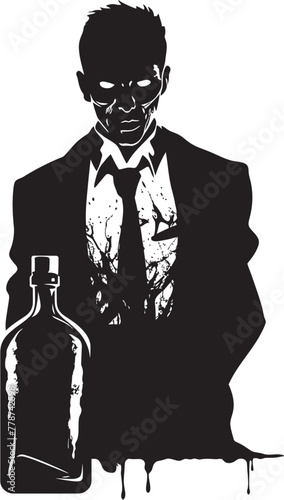 Undead Distillery Zombie Grasping Whiskey Bottle Vector Icon Macabre Mash Up Zombie with Whiskey Bottle Vector Emblem