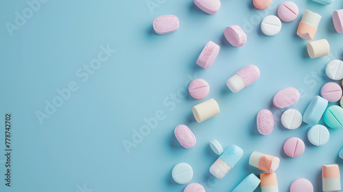 Colorful pills and marshmallows on a periwinkle background with copy space for text. Shared focus