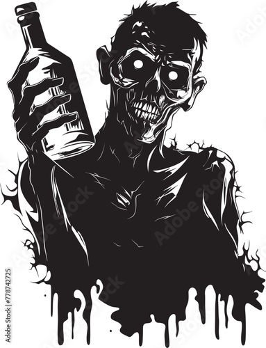 Whiskey of the Dead Zombie Embracing Bottle Vector Design Night of the Living Bourbon Zombie with Whiskey Bottle Vector Symbol
