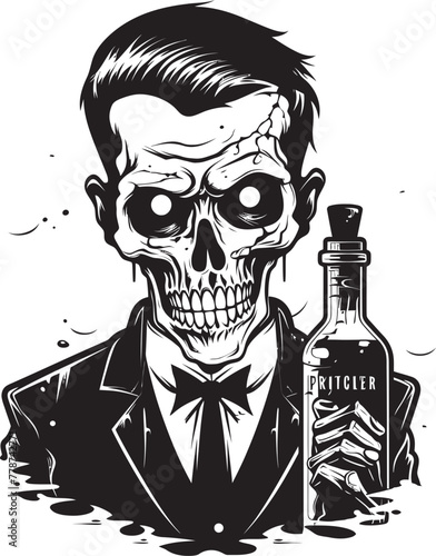 Macabre Mash Up Zombie with Whiskey Bottle Vector Emblem Rotgut Revival Zombie Holding Whiskey Bottle Vector Icon