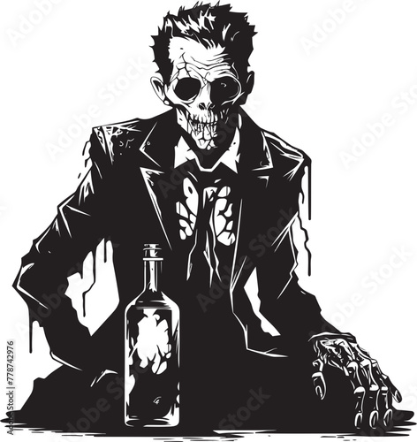 Graveyard Toast Zombie Raising Whiskey Bottle Vector Logo Eerie Elixirs Zombie Holding Whiskey Bottle Vector Illustration