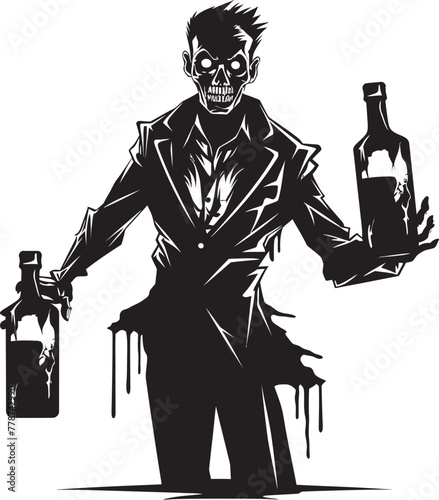 Graveyard Grains Zombie Holding Whiskey Bottle Vector Symbol Bourbon of the Dead Zombie Whiskey Bottle Vector Logo Icon