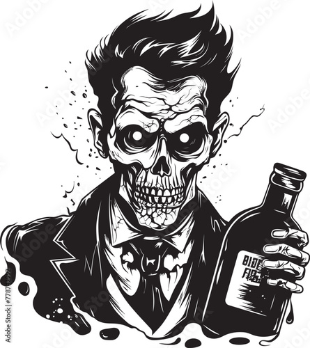 Night of the Living Bourbon Zombie with Whiskey Bottle Vector Symbol Graveyard Toast Zombie Raising Whiskey Bottle Vector Logo