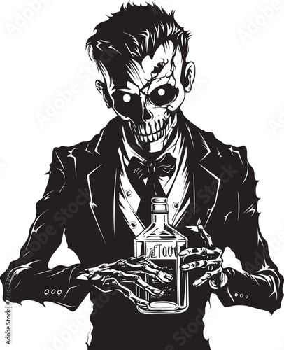 Macabre Mash Up Zombie with Whiskey Bottle Vector Emblem Rotgut Revival Zombie Holding Whiskey Bottle Vector Icon