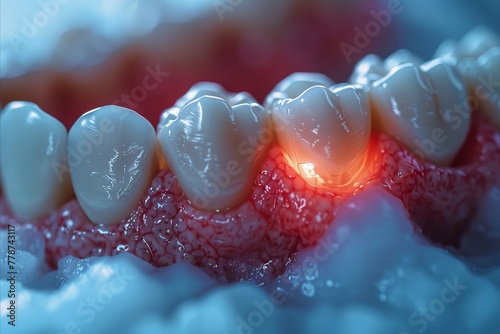 A detailed close-up of an emerging wisdom tooth amidst adult molars photo