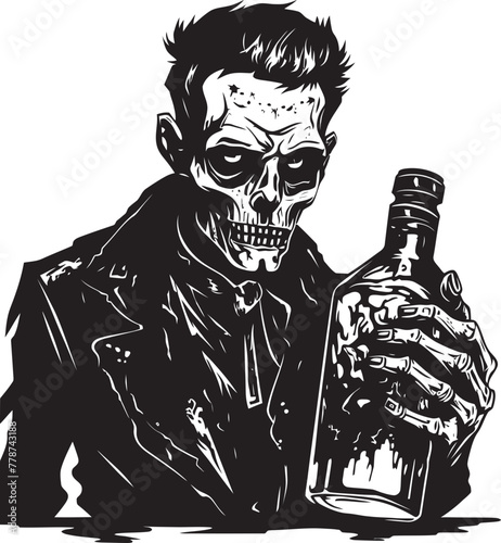 Undead Distilled Zombie Holding Whiskey Bottle Vector Emblem Rotgut Rendezvous Zombie Whiskey Bottle Vector Logo Design