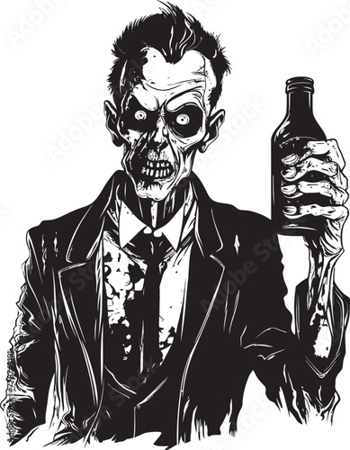 Graveyard Toast Zombie Raising Whiskey Bottle Vector Logo Eerie Elixirs Zombie Holding Whiskey Bottle Vector Illustration