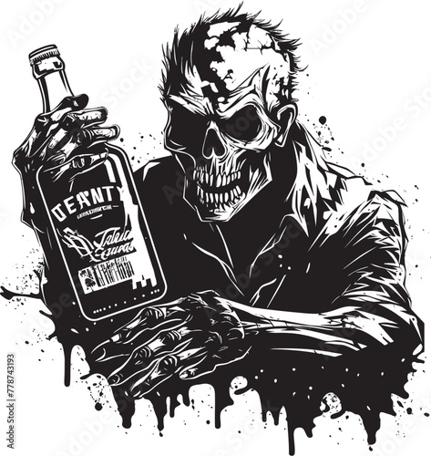 Zombie Bourbon Bliss Whiskey Bottle Vector Logo with Undead Twist Undead Spirits Zombie Grasping Whiskey Bottle Vector Logo