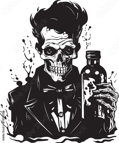 Bourbon Apocalypse Zombie and Whiskey Bottle Vector Logo Concept The Walking Drunk Zombie Embracing Whiskey Bottle Vector Icon