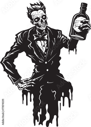 Rotgut Resurrection Zombie and Whiskey Bottle Vector Icon Undead Bourbon Bash Zombie with Bottle Vector Emblem