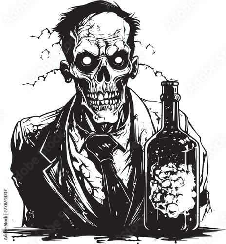 Macabre Whiskey Affair Zombie Grasping Bottle Vector Logo Rotgut Resurrection Zombie and Whiskey Bottle Vector Icon