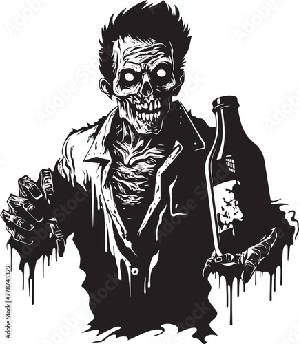 Zombie Brew Whiskey Bottle Vector Logo with Undead Flavor Graveyard Grains Zombie Holding Whiskey Bottle Vector Emblem