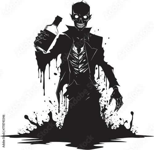 Undead Bourbon Bash Zombie with Bottle Vector Emblem Zombie Whiskey Wonders Grasping Bottle Vector Design