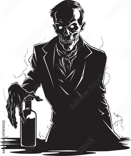 Necro Spiritual Bourbon Fusion Zombie with Bottle Vector Illustration Apocalyptic Whiskey Ritual Zombie Grasping Bottle Vector Logo