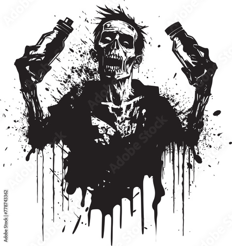 Eerie Whiskey Reverie Zombie Holding Bottle Vector Icon Necro Spiritual Bourbon Fusion Zombie with Bottle Vector Illustration