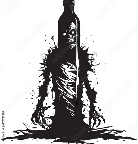 Graveyard Bourbon Bash Zombie and Whiskey Bottle Vector Icon Macabre Whiskey Dreams Zombie Holding Bottle Vector Emblem