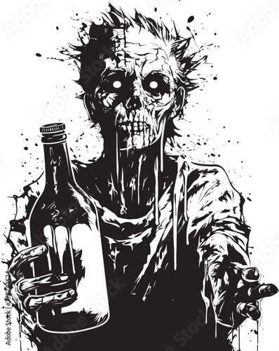 Necro Spiritual Whiskey Ritual Zombie with Bottle Vector Icon Apocalyptic Bourbon Bash Zombie Holding Bottle Vector Emblem