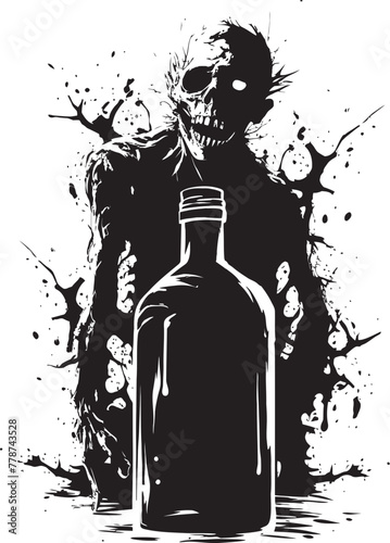 Eerie Whiskey Affair Zombie and Bottle Vector Logo Necro Spiritual Whiskey Ritual Zombie with Bottle Vector Icon