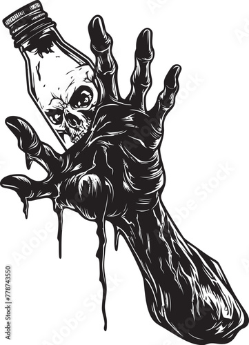 Graveyard Whiskey Ritual Zombie and Whiskey Bottle Vector Design Macabre Bourbon Fusion Zombie with Bottle Vector Symbol