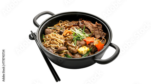 Sukiyaki on pan, isolation on white background