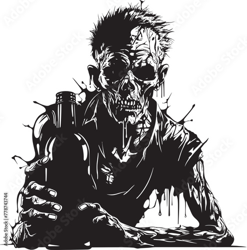 Zombie Spirits Whiskey Bottle Vector Logo with Undead Twist Graveyard Grains Zombie Holding Whiskey Bottle Vector Symbol