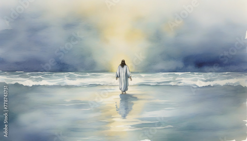 Watercolor painting of Jesus Christ walking on water in an impressionist style. photo