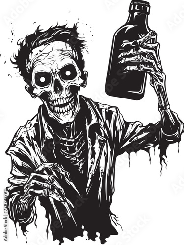 Zombie Barkeep Whiskey Bottle Vector Logo with Undead Server Graveyard Grains Zombie Holding Whiskey Bottle Vector Symbol