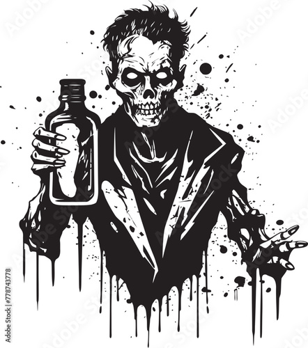 Cryptic Cocktails Zombie Holding Whiskey Bottle Vector Emblem Macabre Mash Zombie Whiskey Bottle Vector Logo Design