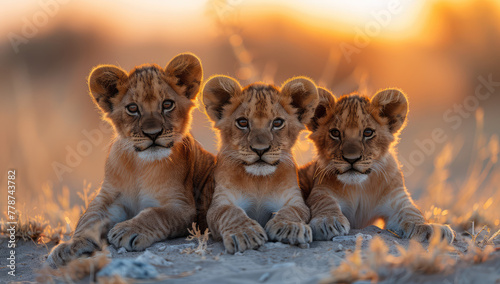 Three cute lion cubs sitting on the savannah. Created with Ai