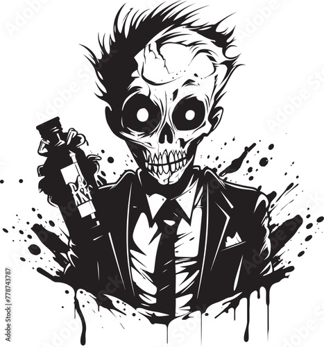 Rotgut Rendezvous Zombie Holding Whiskey Bottle Vector Symbol Bourbon of the Dead Zombie Whiskey Bottle Vector Logo Icon