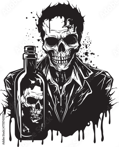 Graveyard Toast Zombie Raising Whiskey Bottle Vector Logo Eerie Elixirs Zombie Holding Whiskey Bottle Vector Illustration