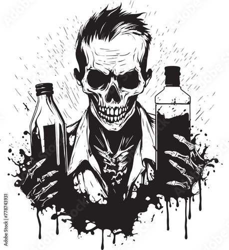 Eerie Elixirs Zombie Holding Whiskey Bottle Vector Illustration Bourbon Apocalypse Zombie and Whiskey Bottle Vector Logo Concept