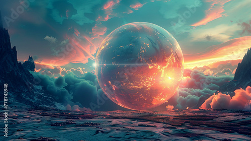 Symbolizing nuclear fusion, a glowing orb in a surreal landscape creates a peaceful and awe-inspiring scene.