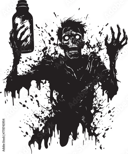 Macabre Mash Up Zombie with Whiskey Bottle Vector Emblem Rotgut Revival Zombie Holding Whiskey Bottle Vector Icon