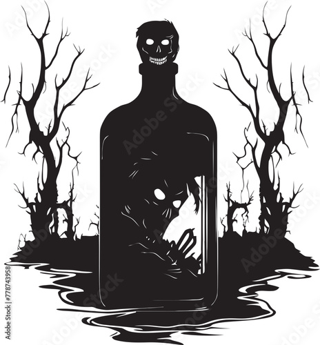 Night of the Living Bourbon Zombie with Whiskey Bottle Vector Symbol Graveyard Toast Zombie Raising Whiskey Bottle Vector Logo
