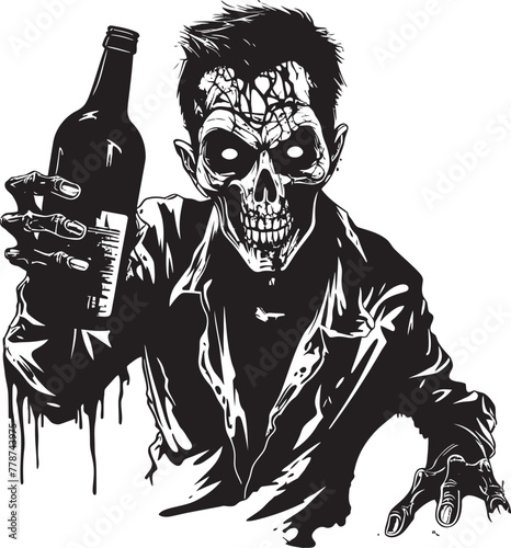Eerie Elixirs Zombie Holding Whiskey Bottle Vector Illustration Bourbon Apocalypse Zombie and Whiskey Bottle Vector Logo Concept