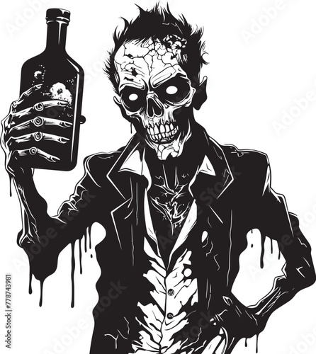 Bourbon Apocalypse Zombie and Whiskey Bottle Vector Logo Concept Undead Distillery Zombie Grasping Whiskey Bottle Vector Icon