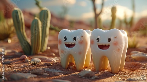 A desert scene where tooth and gum characters are parched, emphasizing the discomfort of dry mouth and the importance of staying hydrated