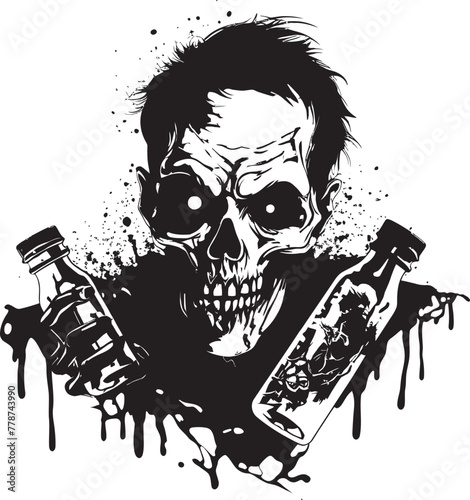 Undead Distillery Zombie Grasping Whiskey Bottle Vector Icon Macabre Mash Up Zombie with Whiskey Bottle Vector Emblem