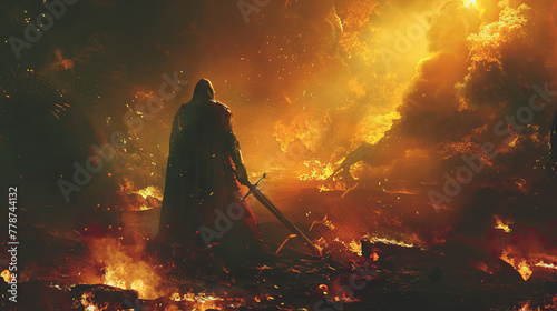 A Templar knight stands resolute with a flaming sword