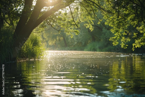 River gently flowing through a sunlit forest  a serene and refreshing natural landscape.  