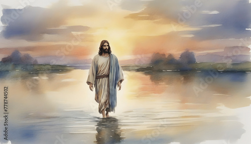 Watercolor painting of Jesus Christ walking on water in an impressionist style. photo