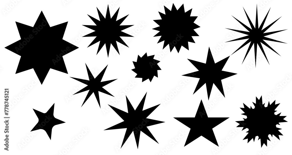 Conjunto de vectores de iconos de estrellas. Grupo vectorial de diferentes formas y elementos geométricos. Iconos y signos de diseño brutalista. Formas básicas