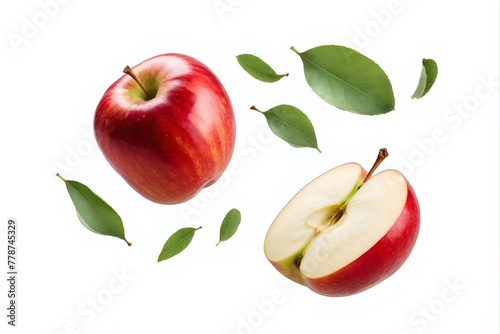 Two red apples with green leaves white backdrop