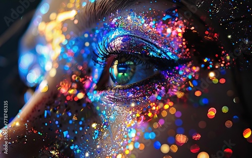 Woman with cosmic makeup, stars and galaxies reflected on her skin