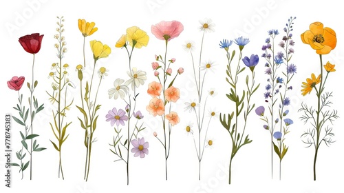 This illustration portrays a joyful array of folk art flowers, bringing a vibrant and rustic charm to life.