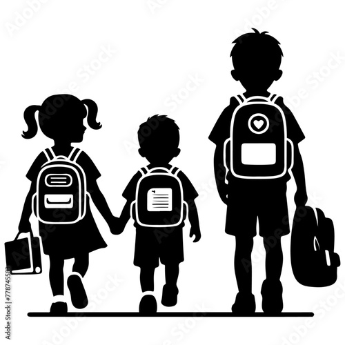 minimalist Happy siblings Children with backpacks going to the school vector black color silhouette