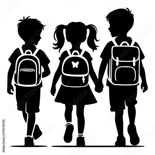 minimalist Happy siblings Children with backpacks going to the school vector black color silhouette