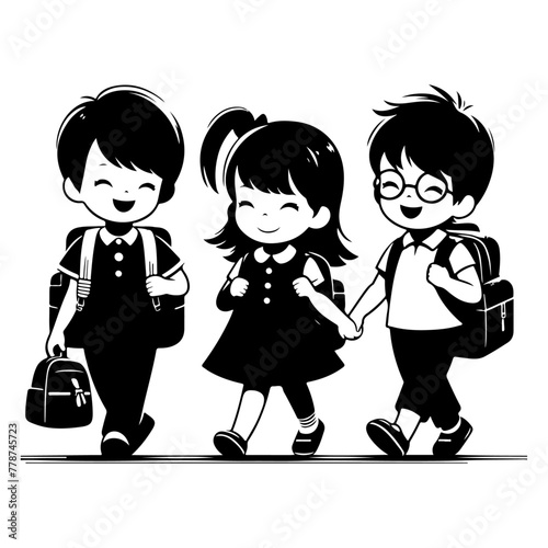 minimalist Happy siblings Children with backpacks going to the school vector black color silhouette